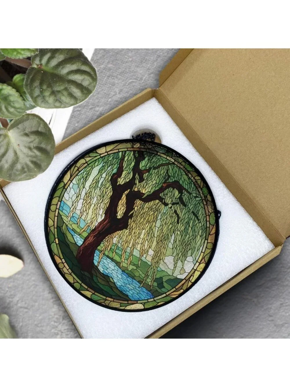 Stained Glass Suncatcher - Weeping Willow Window Art, Nature Decor, 7.9